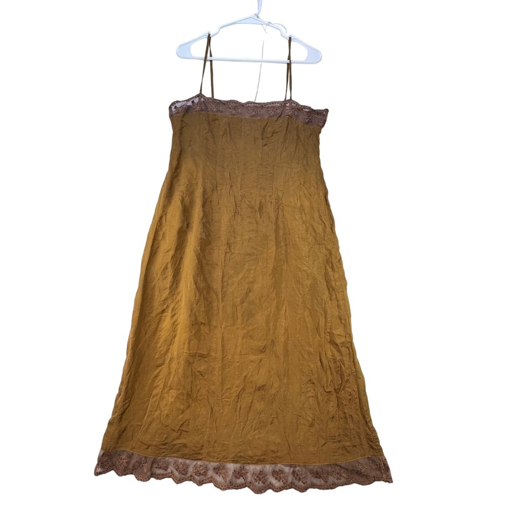 Dosa Sz. 3 Silk Slip Dress Women Size M/L Brown Lace Trim Midi Crinkle Elegant